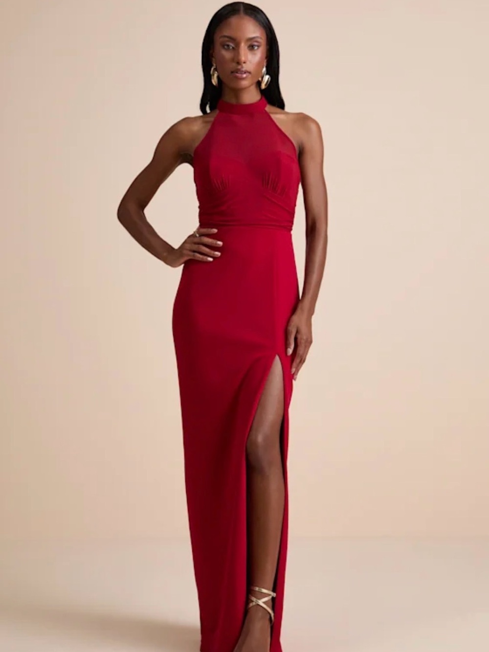 LULUS- Red Halter Neck Evening Dress with Thigh Slit